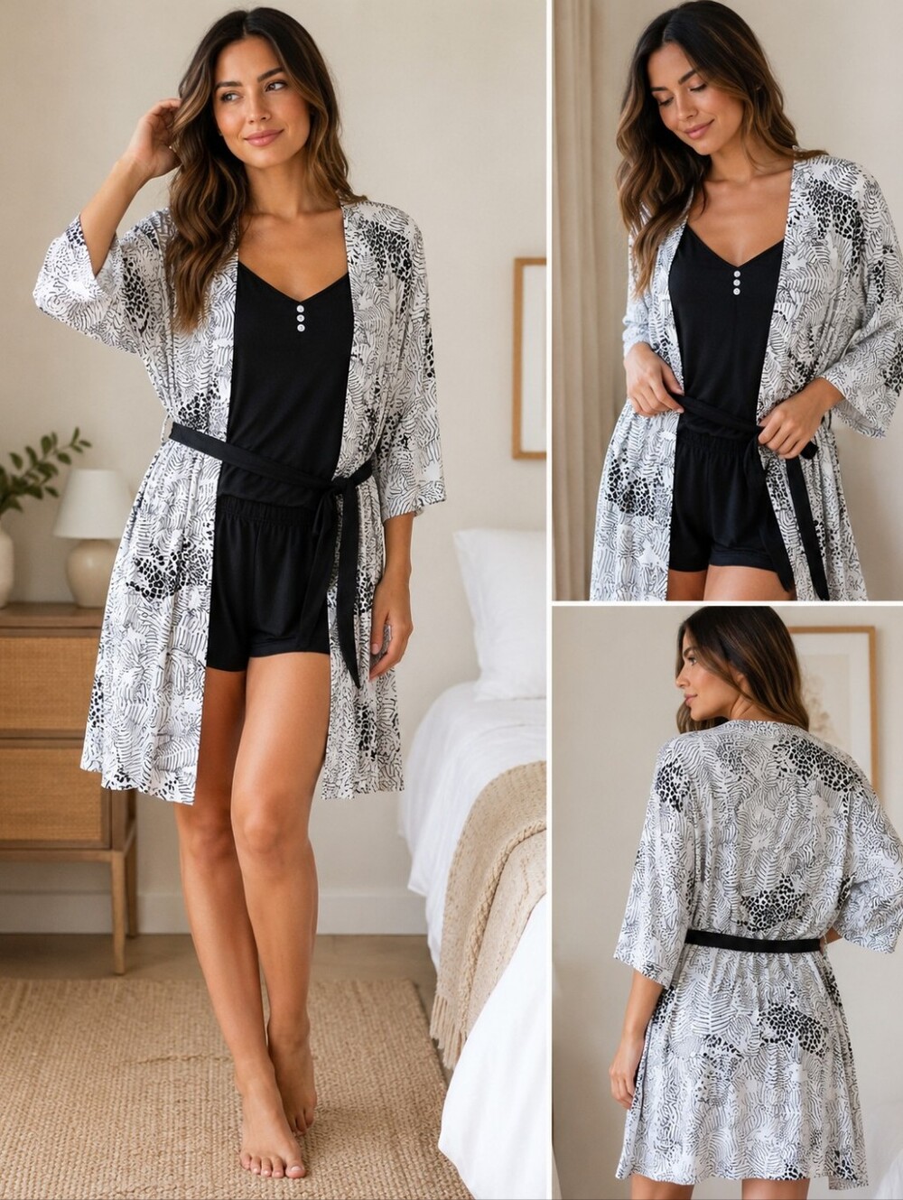 NWT Women’s 3-Piece Lounge Set Robe Cami Shorts Leopard Print Travel Sleepwear
